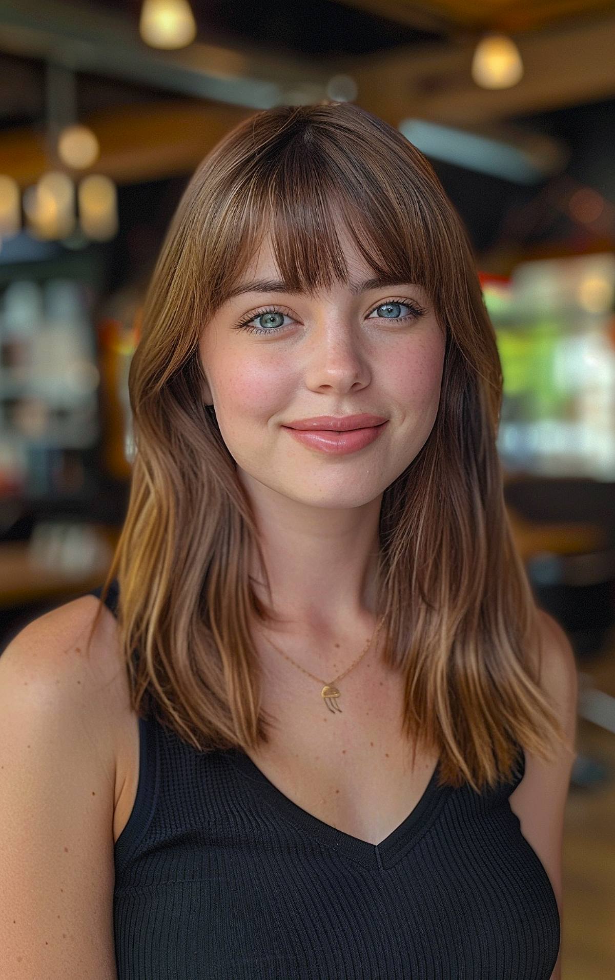 Medium-length hair with brow-grazing bangs, creating a face-framing look