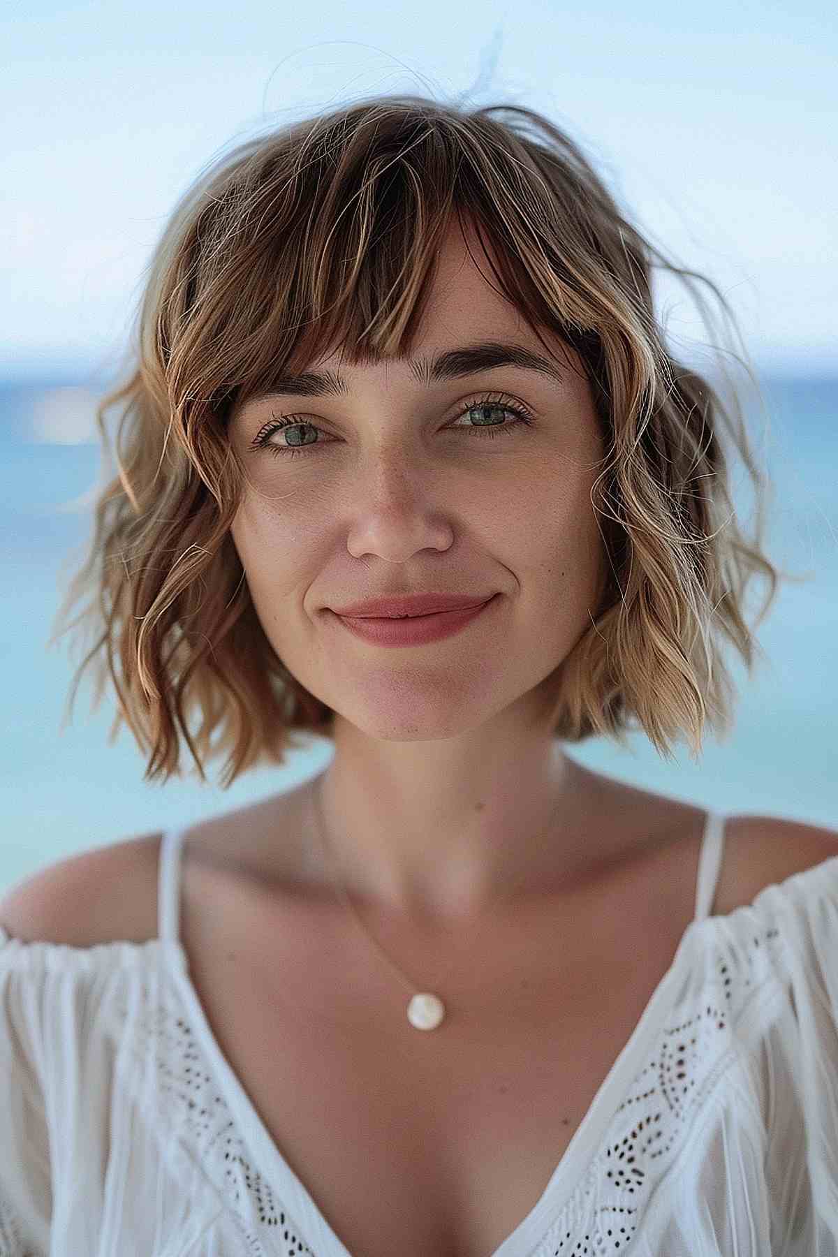 Chic beachy waves for short hair with light tousled bangs