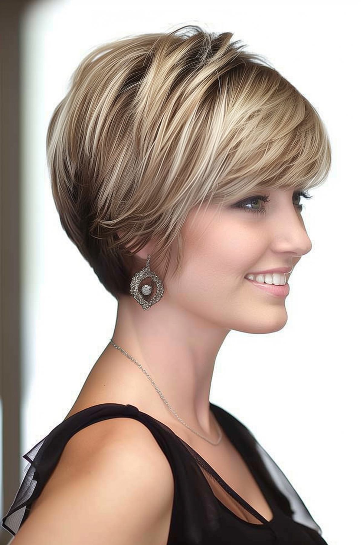 Short Wedge Haircut with Side-Swept Bangs and Blonde Highlights
