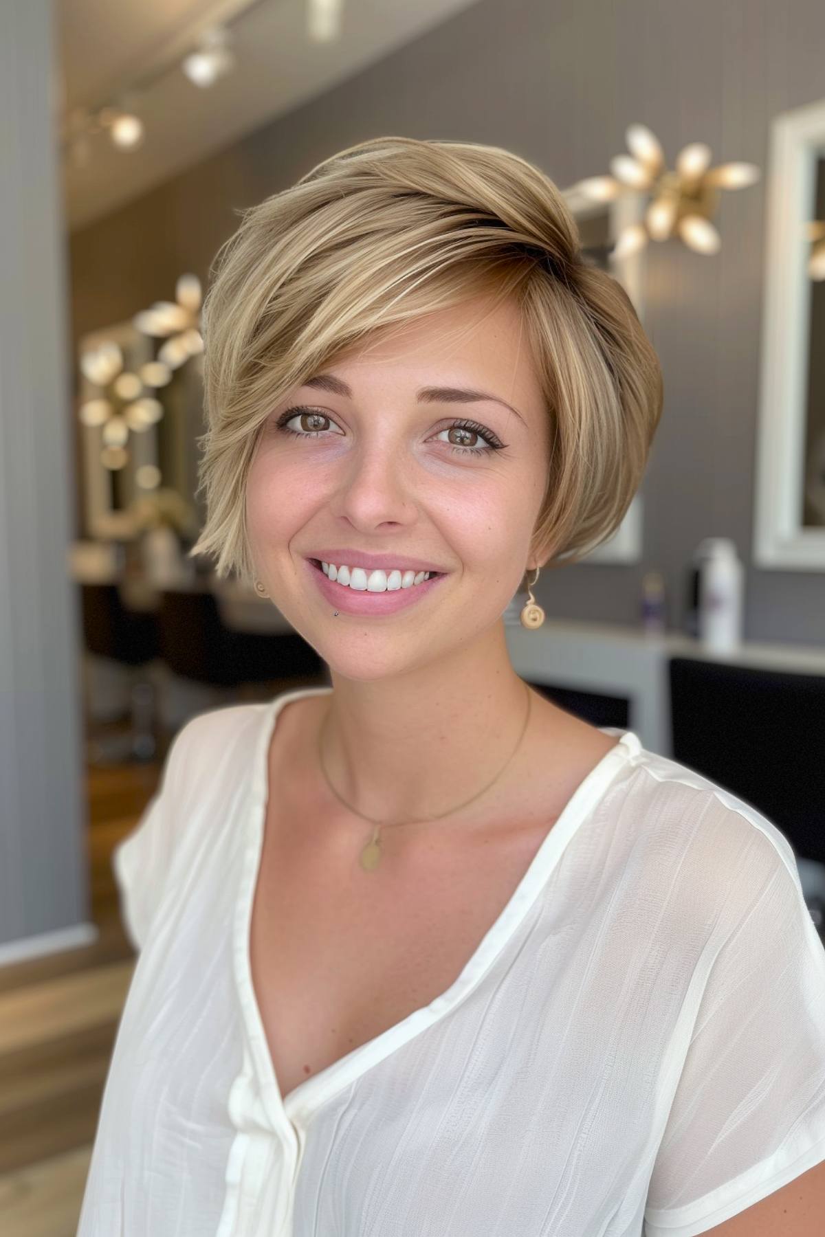 Blonde short layered pixie bob with side-swept layers