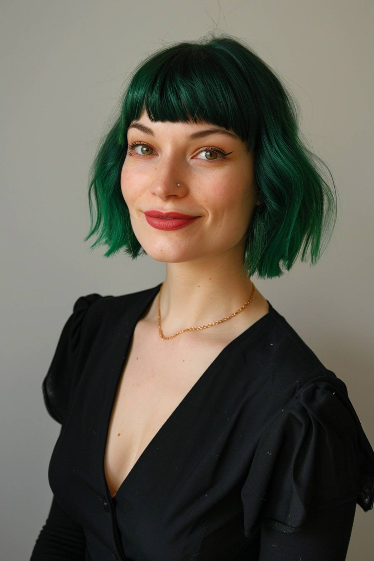 Chic bob with bangs and emerald green color