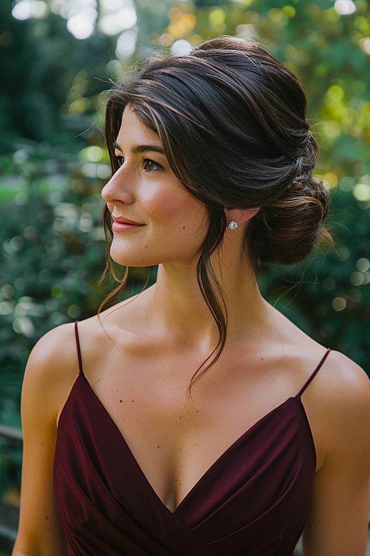 Bridesmaid updo for thick hair with twisted bun