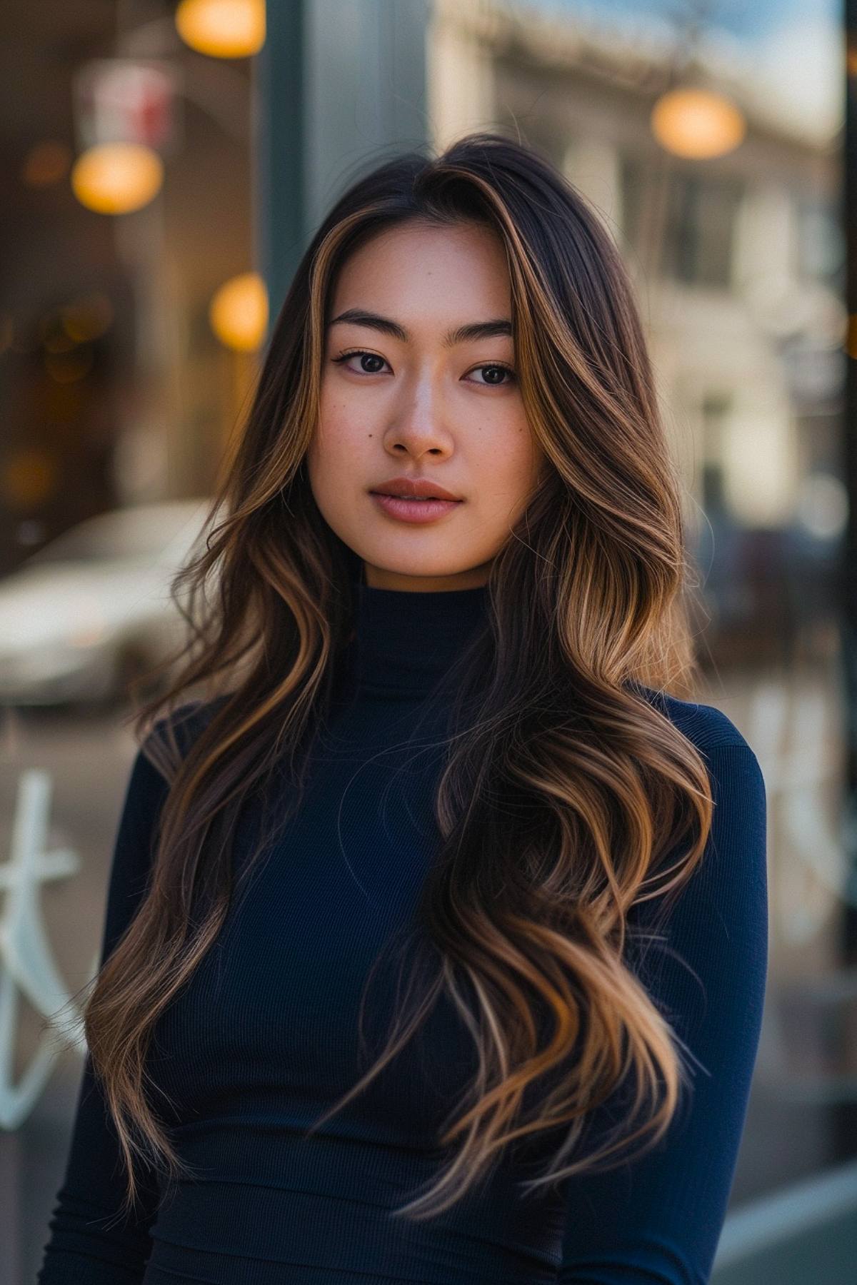 Caramel balayage on long dark brown Asian hair