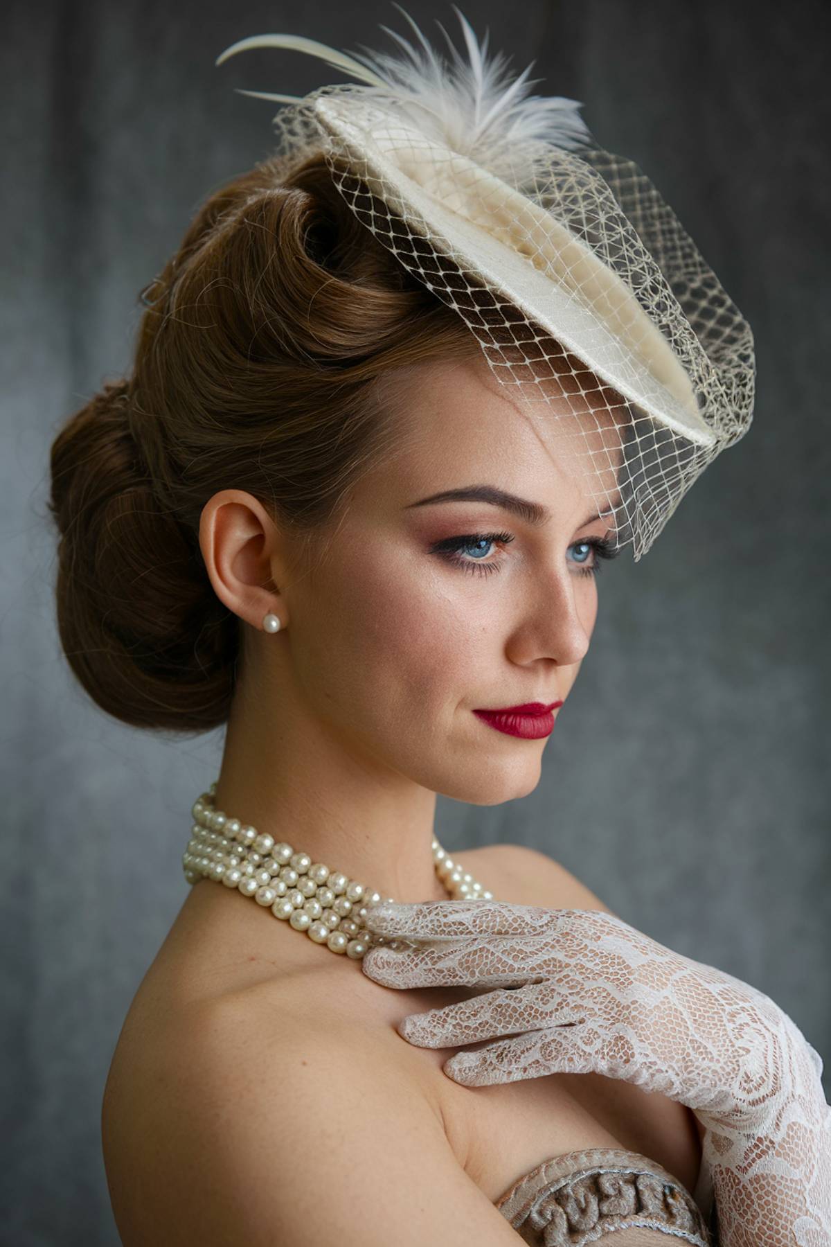 Vintage updo with netted hat