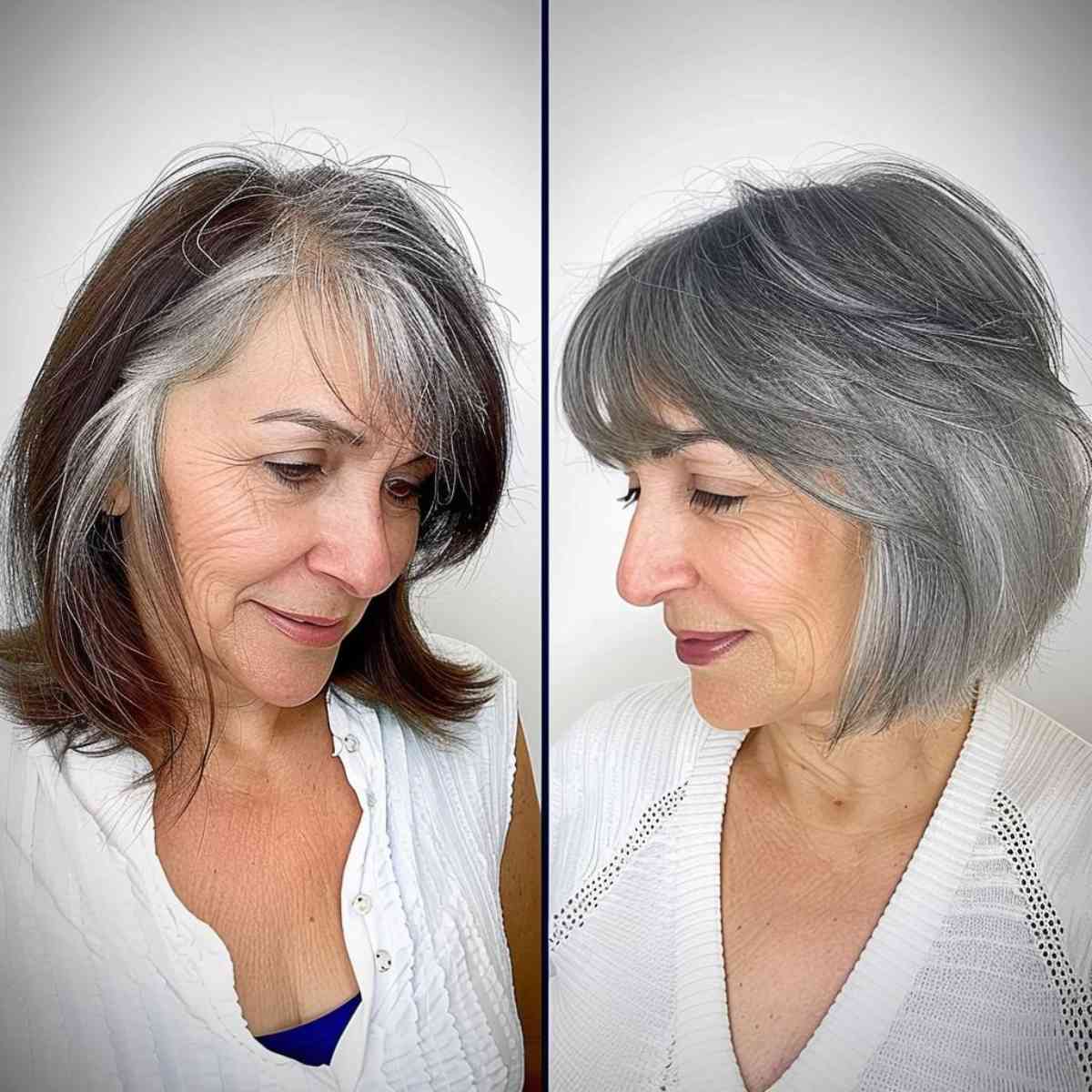 Sleek chin-length bob with bangs on grey hair for older women.