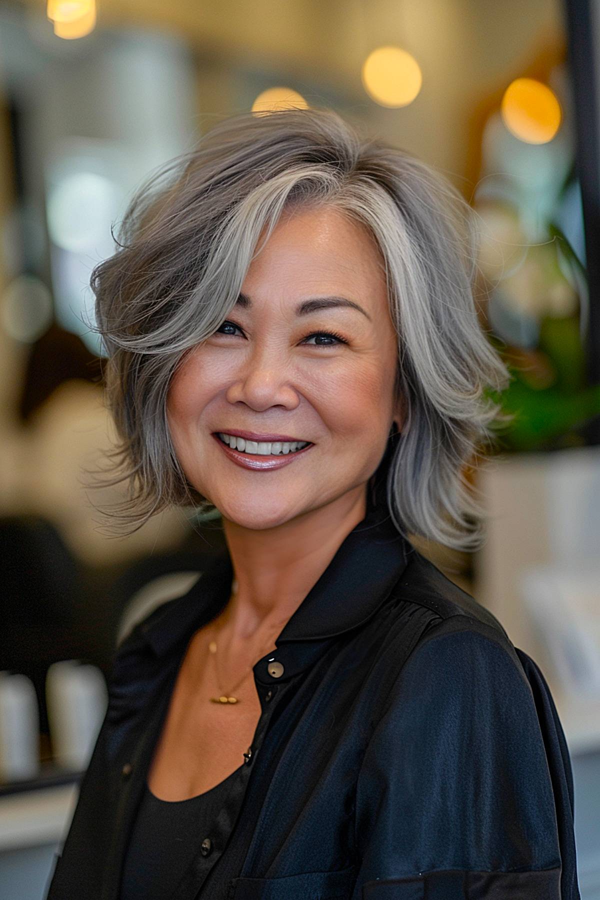 Grey layered medium-length hairstyle for older Asian women