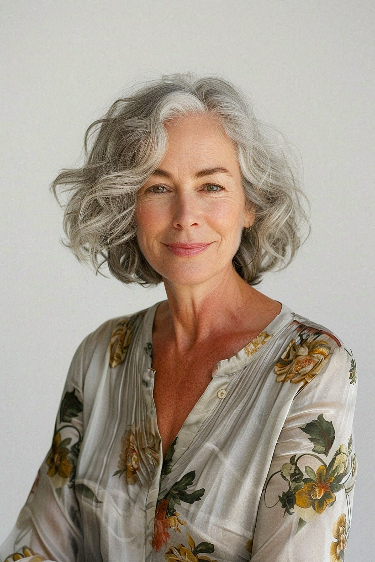 Shoulder-length wavy grey hairstyle for women over 60