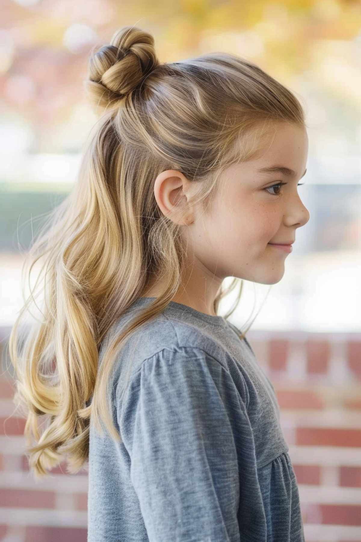 Young girl with a chic half up half down bun hairstyle, wearing a grey top