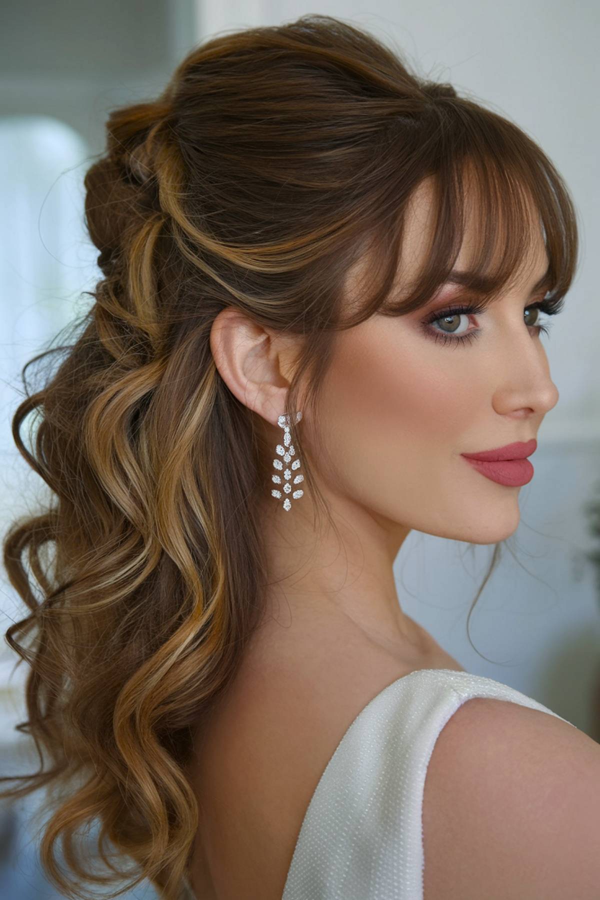 Half-up wedding hairstyle with bangs and waves