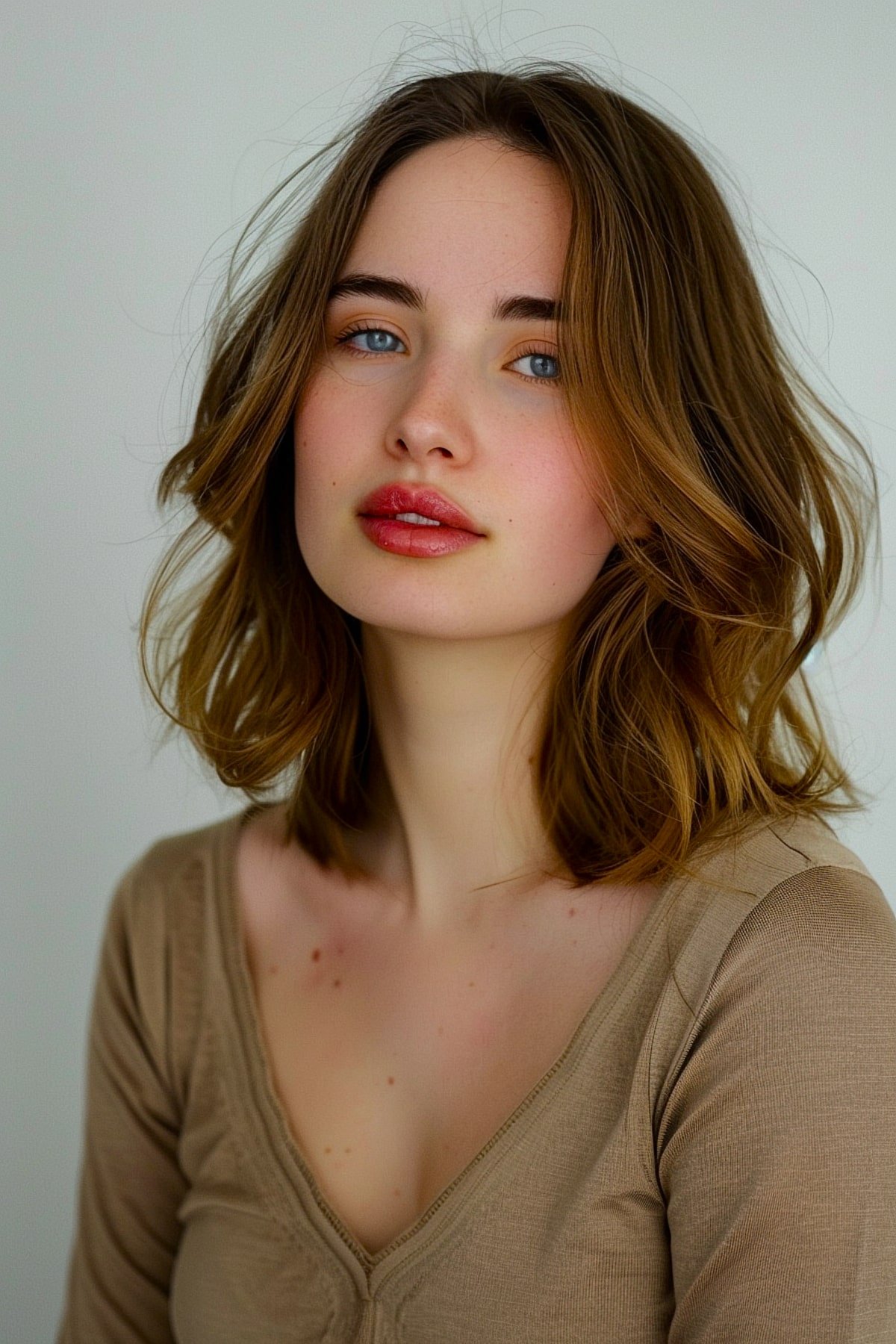 Medium-length layered haircut with soft waves and relaxed volume