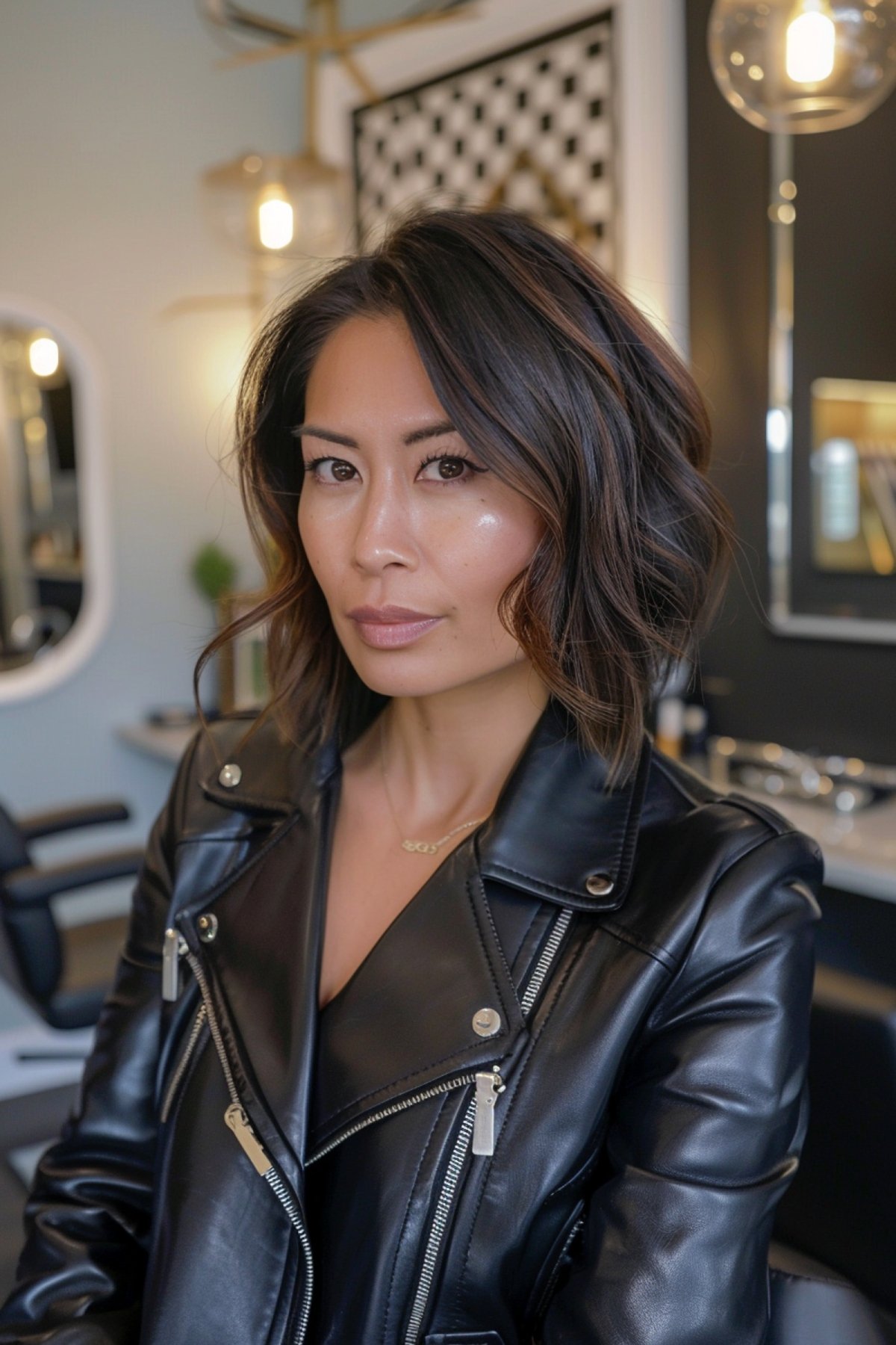Asian woman with a chic layered sassy bob and soft waves in a salon