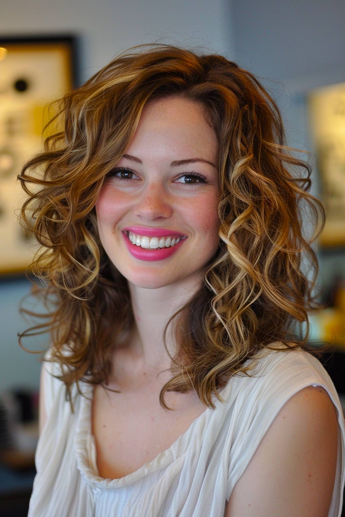 Layered wavy curly hair with mid-length cut