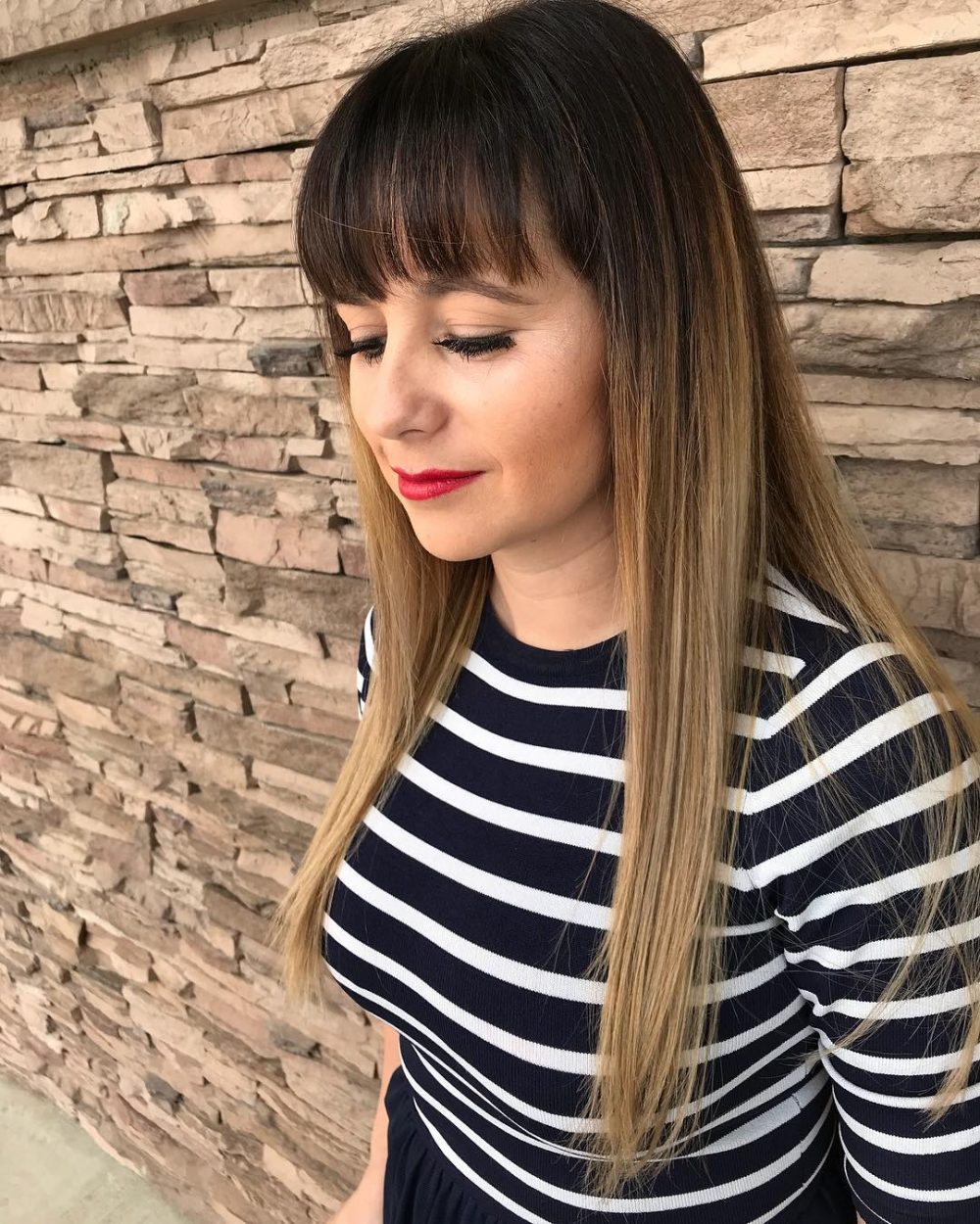 Chic Long Ash Blonde Ombre with Long Bangs for Heart Faces