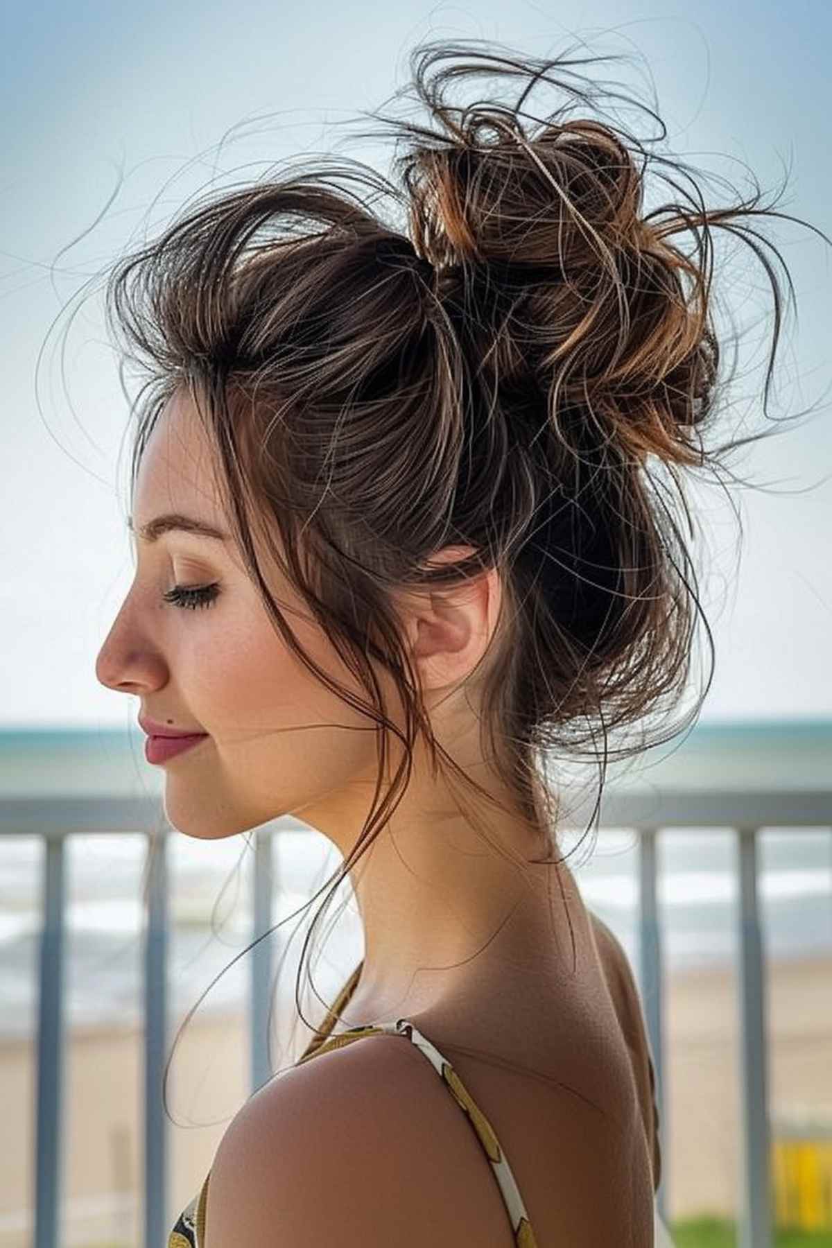 Woman with medium hair styled in a chic loose messy bun, perfect for a beach day