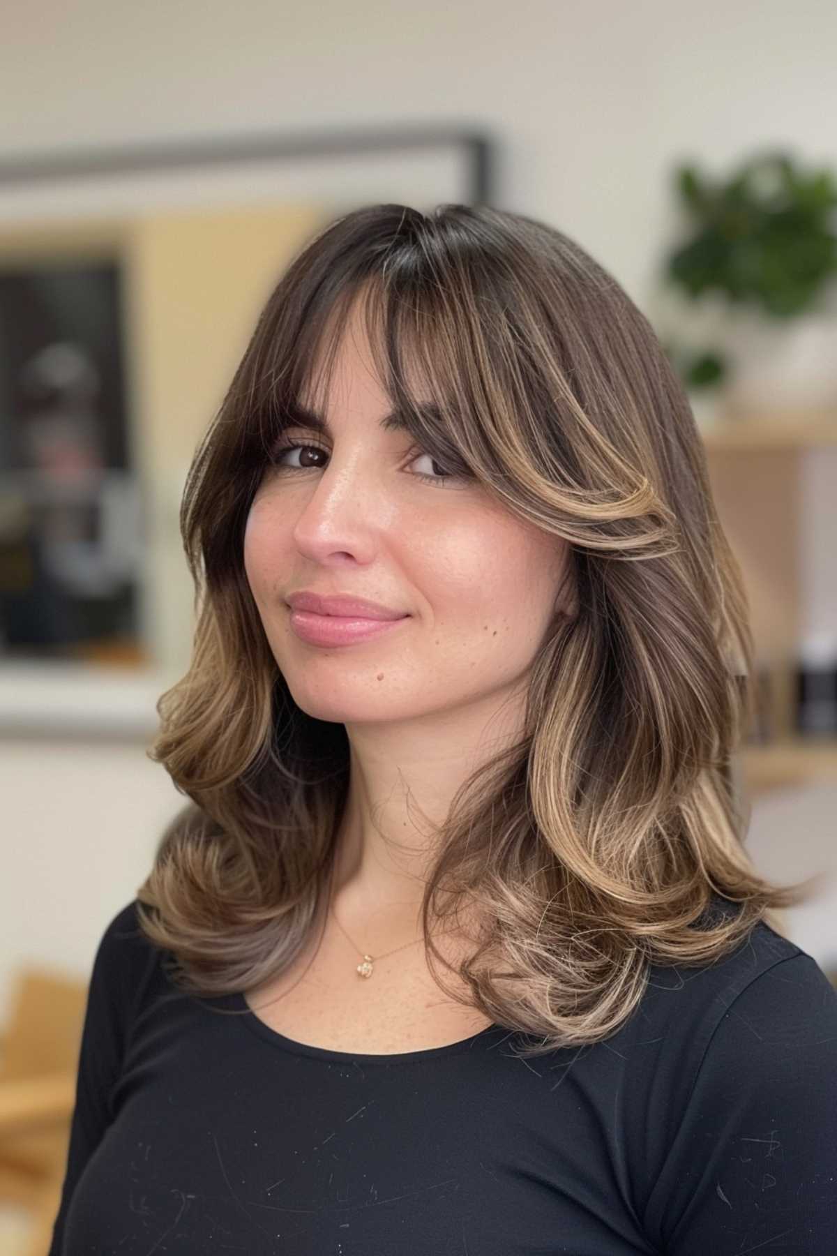 Chic medium-length layered cut with curtain bangs and subtle highlights