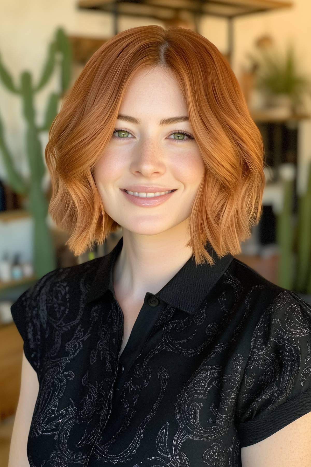 Woman with chic orange bob hairstyle and soft waves