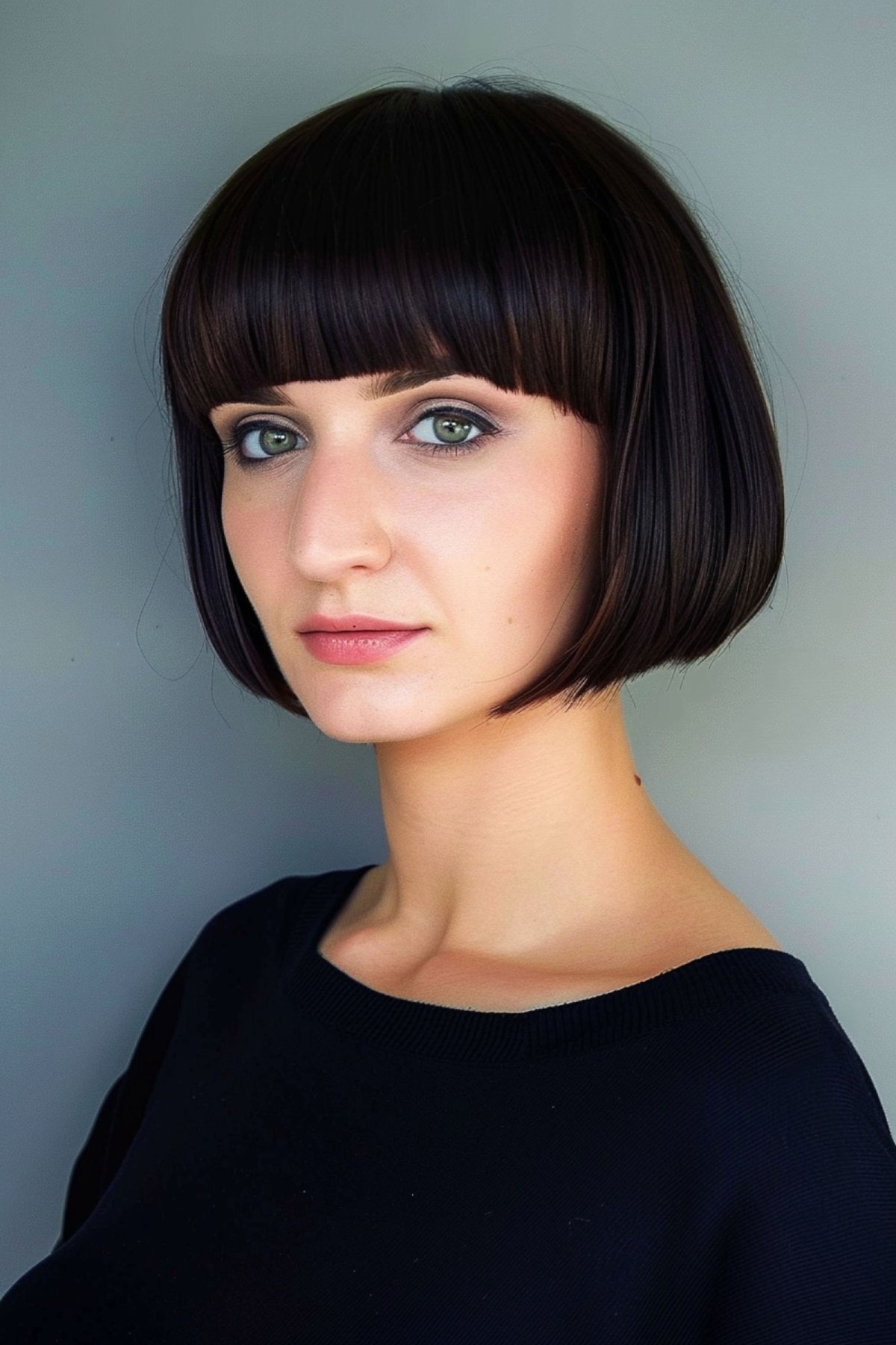 Woman with a chic pageboy haircut and blunt bangs