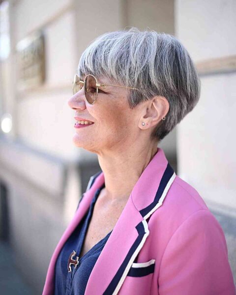 a Chic Pixie-Bowl Haircut for Thick Haired older women with glasses