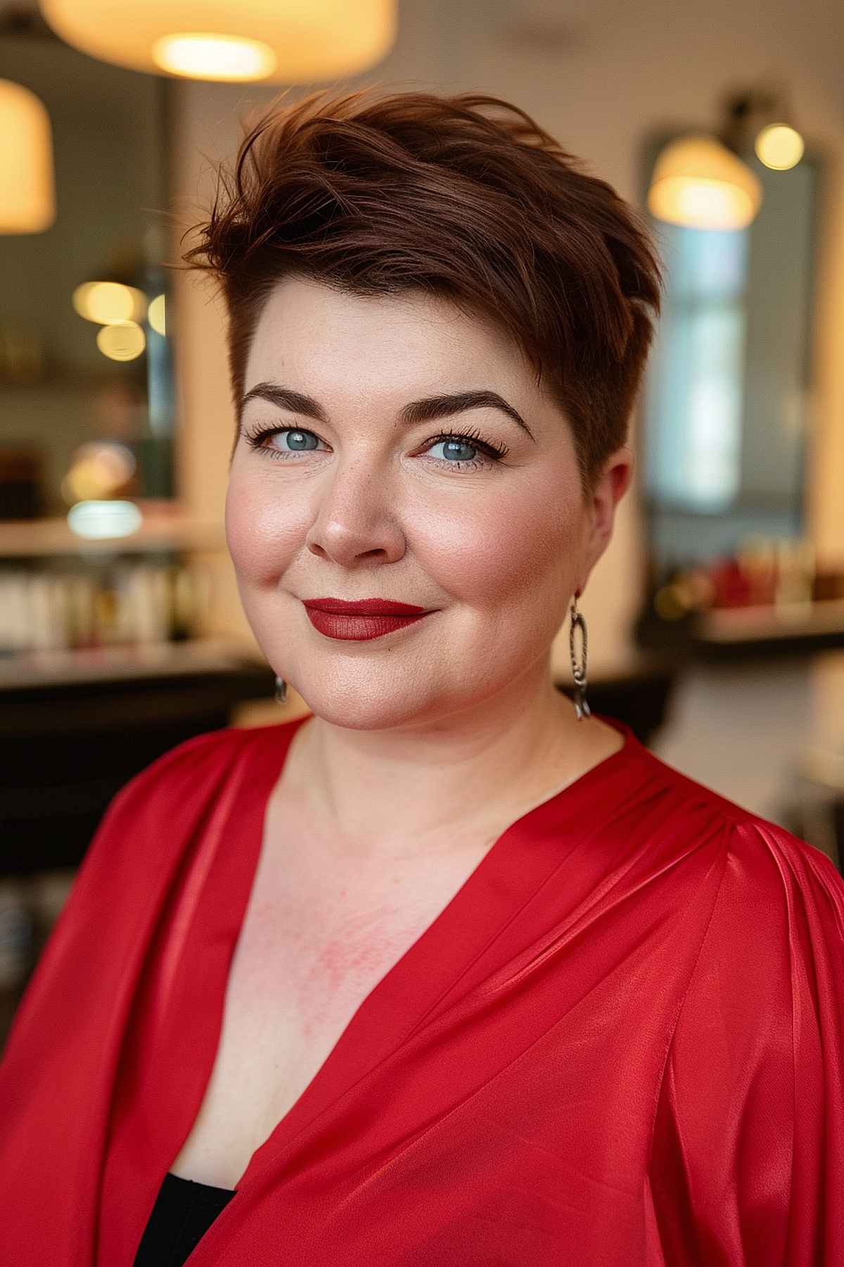 Chic pixie cut with voluminous top and textured layers for plus size women