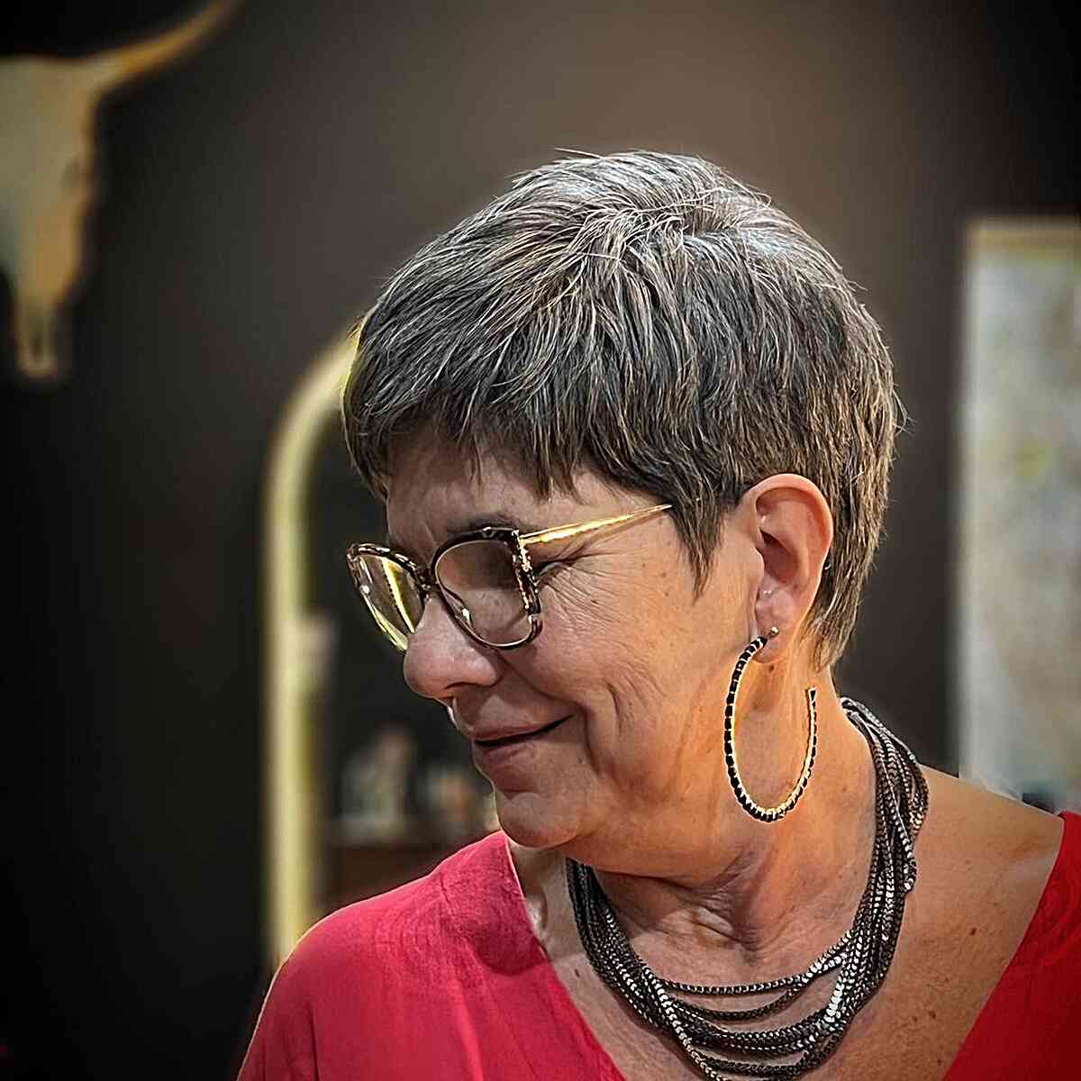 Chic Pixie Cut with Grey Balayage for Ladies Aged 60 with Eyeglasses