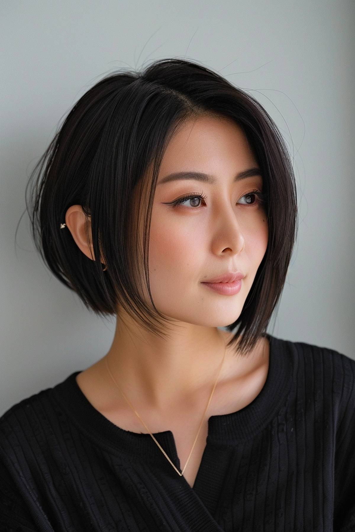 Asymmetrical sleek jaw-length bob hairstyle