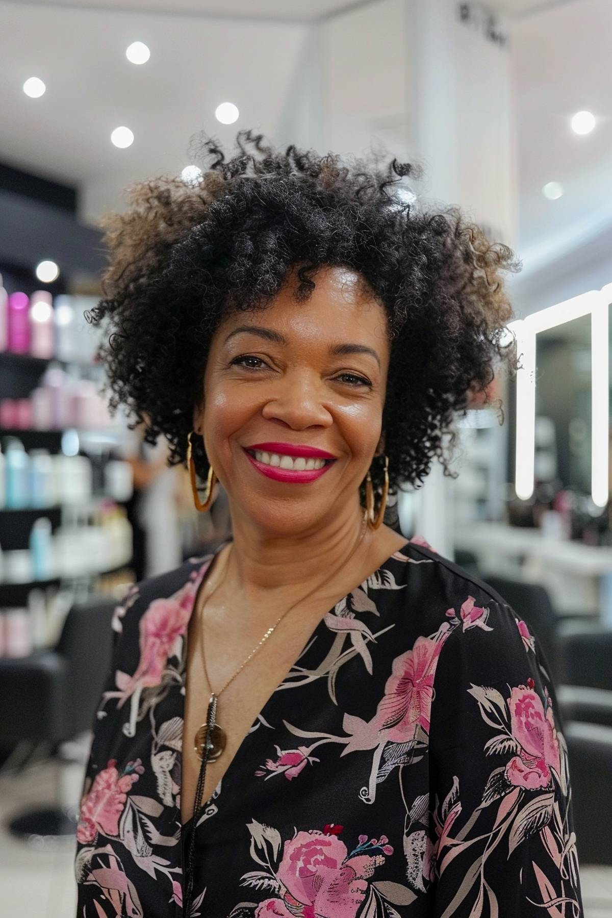 Short curly afro bob hairstyle for older women with natural texture and volume