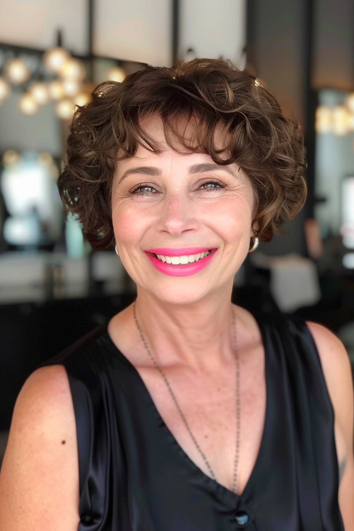 Short curly pixie bob hairstyle for older women with cropped tight curls