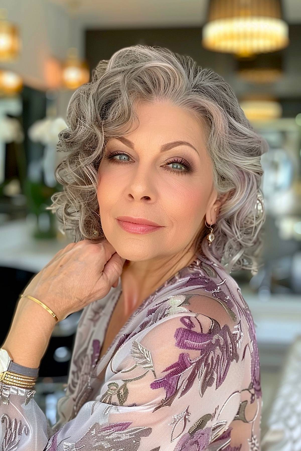 Short gray curly hairstyle for women over 50