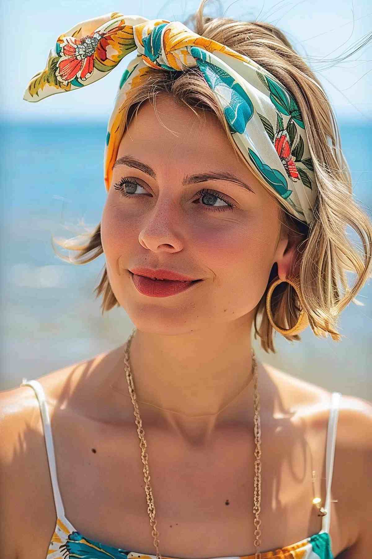 Chic short hair with scarf for a beach day 