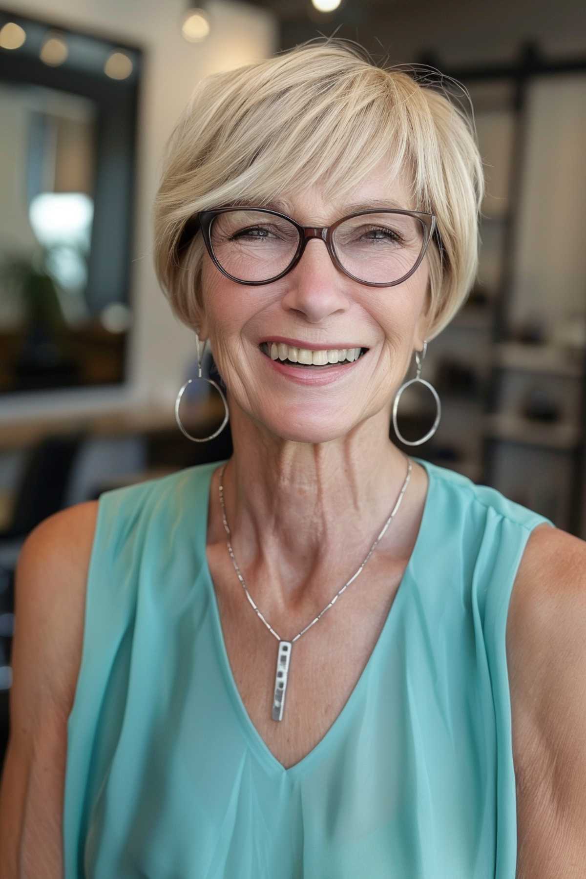 Mature woman sporting a chic short pixie cut with asymmetrical bangs, complemented by stylish glasses.