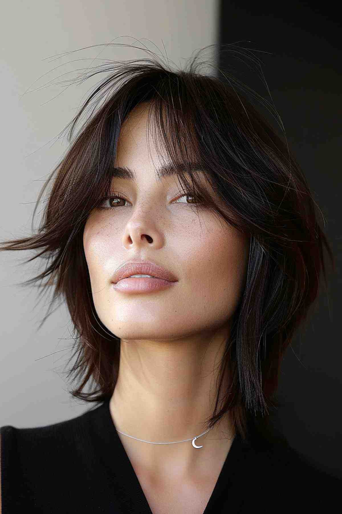 Chic woman with a short wolf cut and long fringe