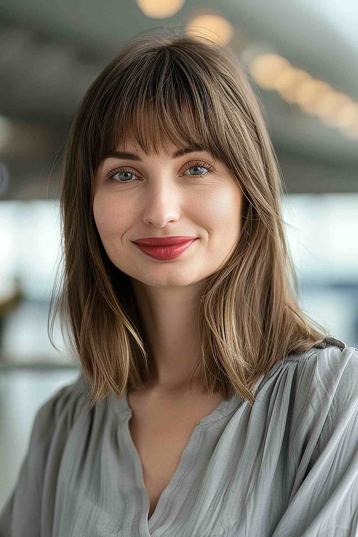 Shoulder-length haircut with bangs, ideal for airport travel 