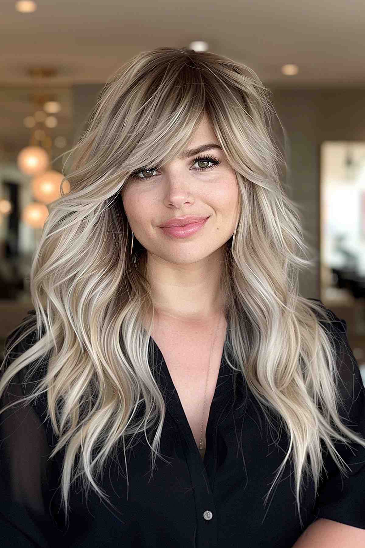 Chic side-swept bangs on long layered blonde hair