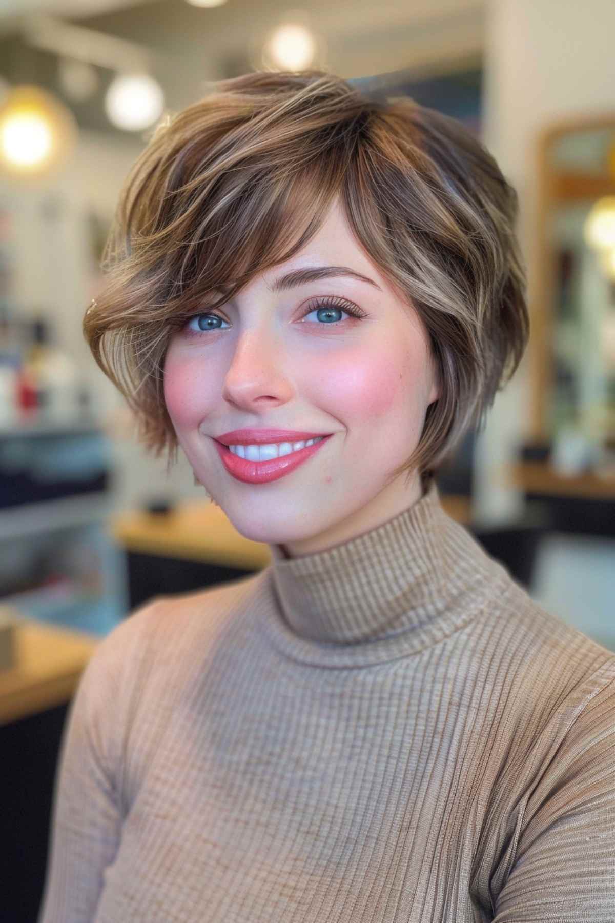 textured jaw-length bob with side-swept bangs