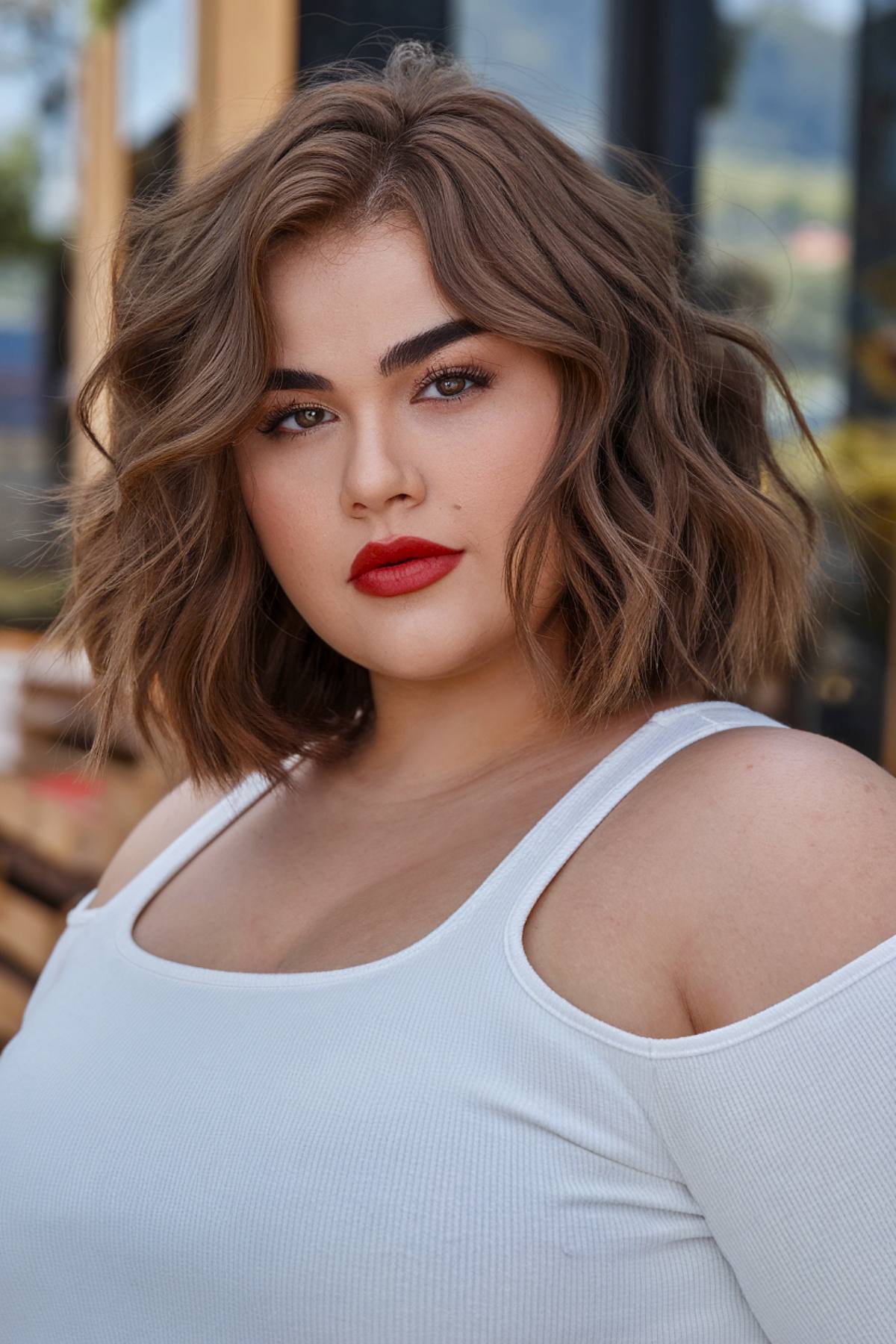 Wavy bob haircut with loose curls for plus size women