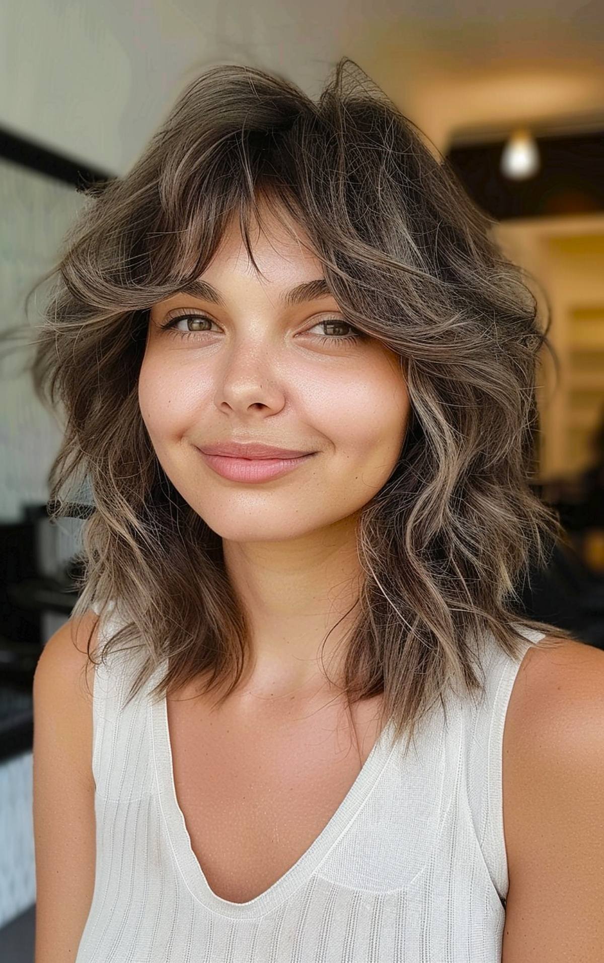 Wavy wolf cut with choppy layers and curtain bangs for thick hair