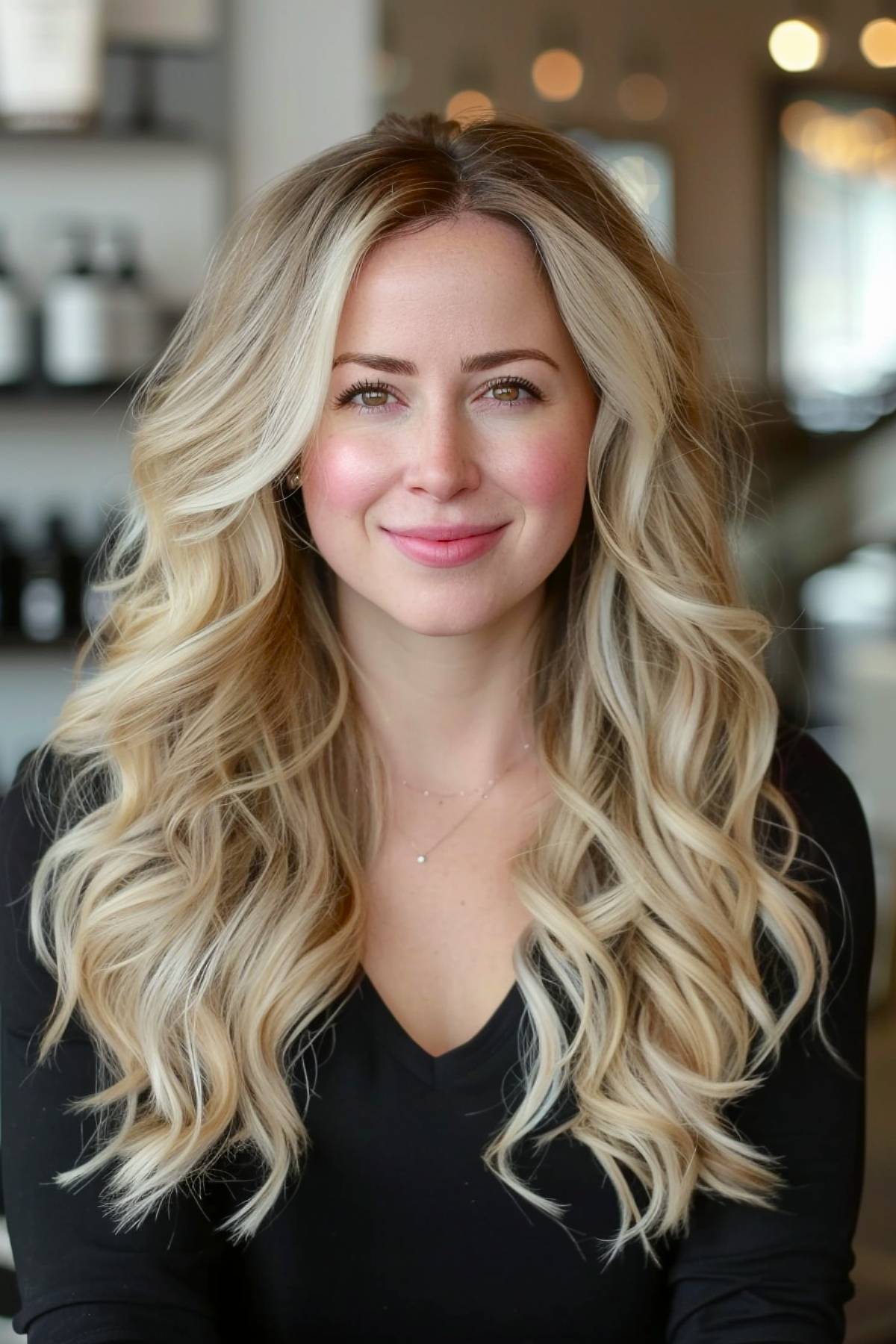 Winter blonde hair with dark roots and loose waves