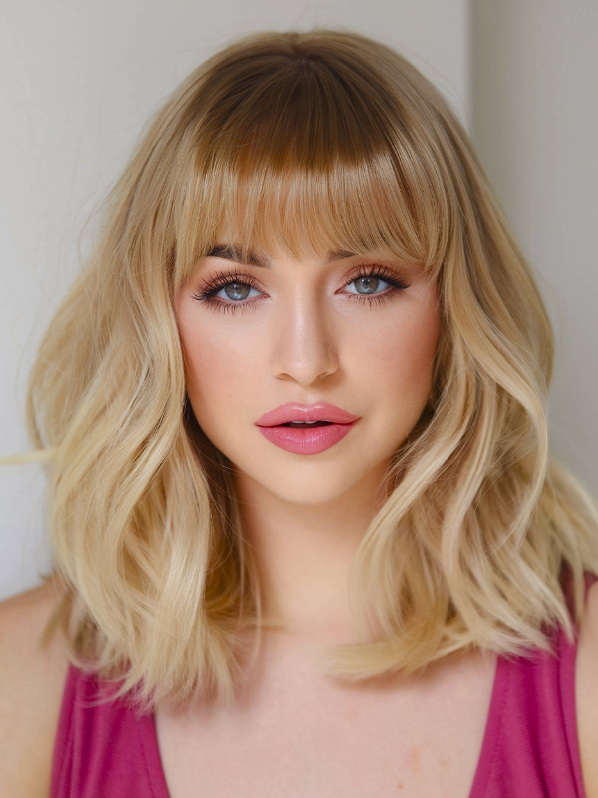 Winter blonde hair with bangs and tousled waves