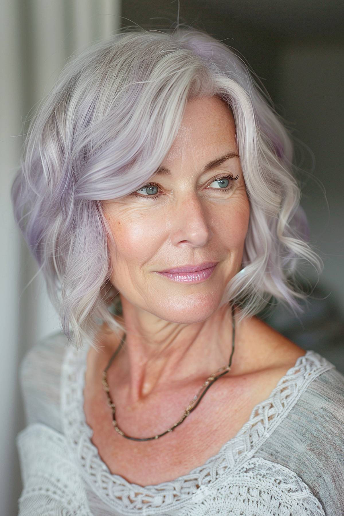 Jaw-length wavy bob with lavender silver undertones