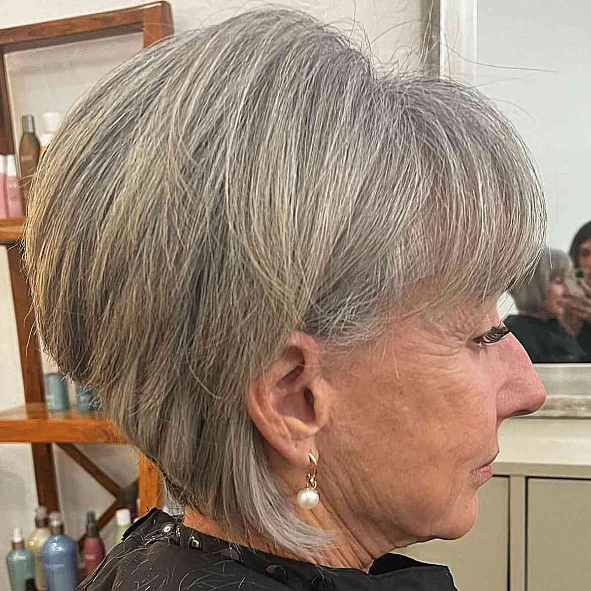 Chin-Grazing Fluffy Rounded Bob with Bangs on Seniors Over 70
