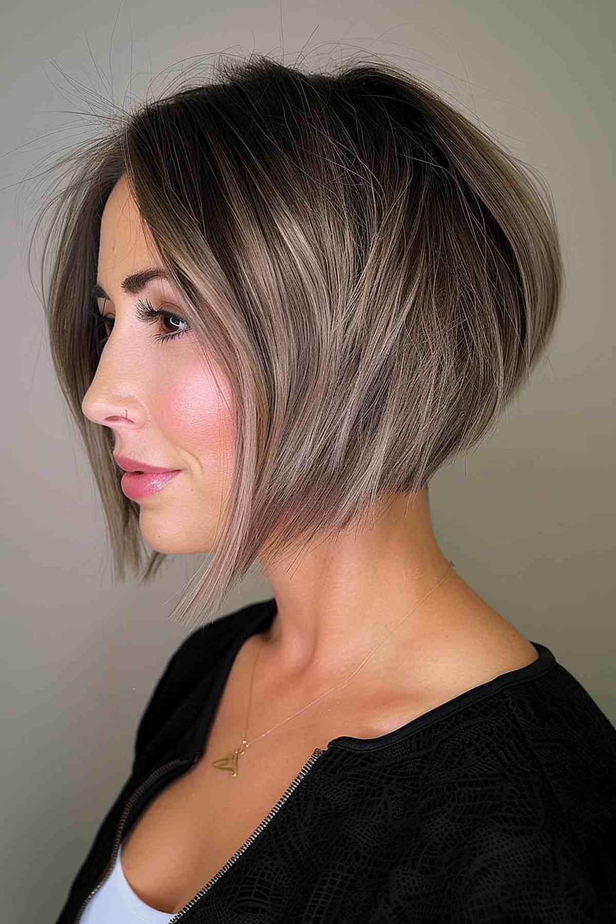 A chin-length A-line bob is perfect for thick hair, with gradual layers that give a sleek, tidy look.