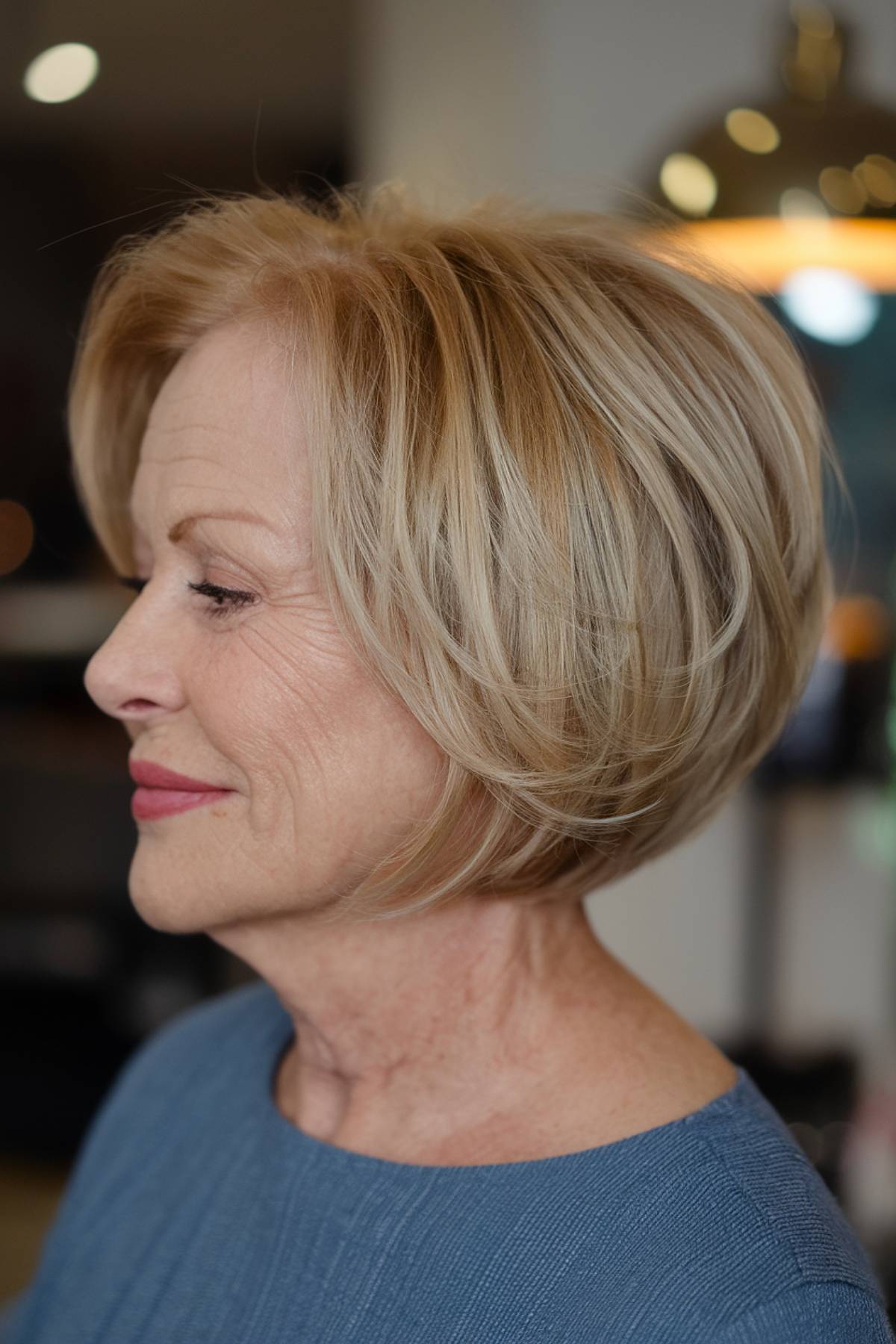 A sophisticated chin-length angled bob with precise layering, enhancing facial features for senior women