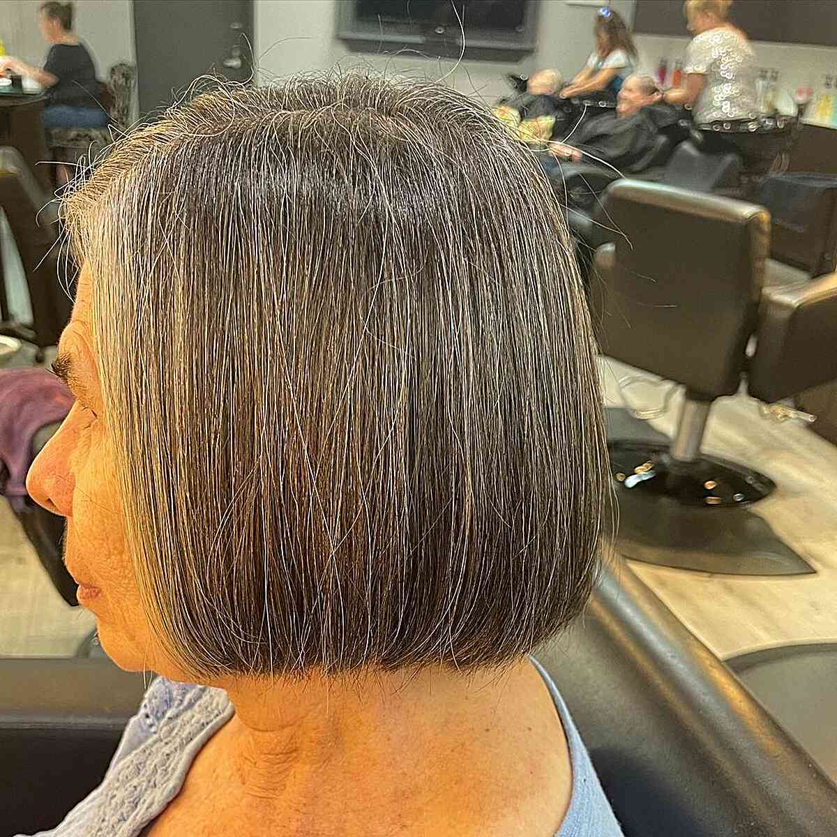 Chin-Length Blunt Hair with Sharp Ends on 60-Year-Old Ladies