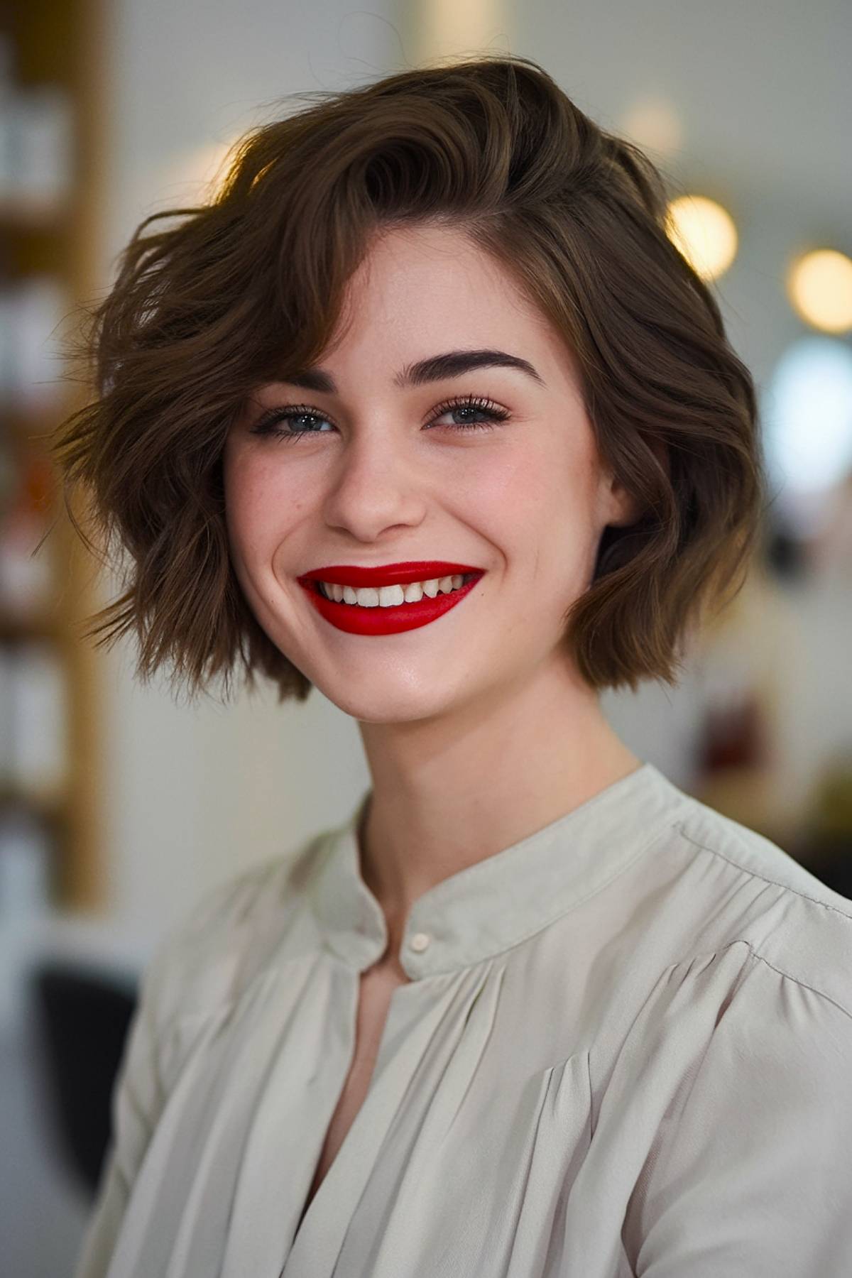 Chic chin-length bob for dark brown short hair with a sleek, face-framing finish