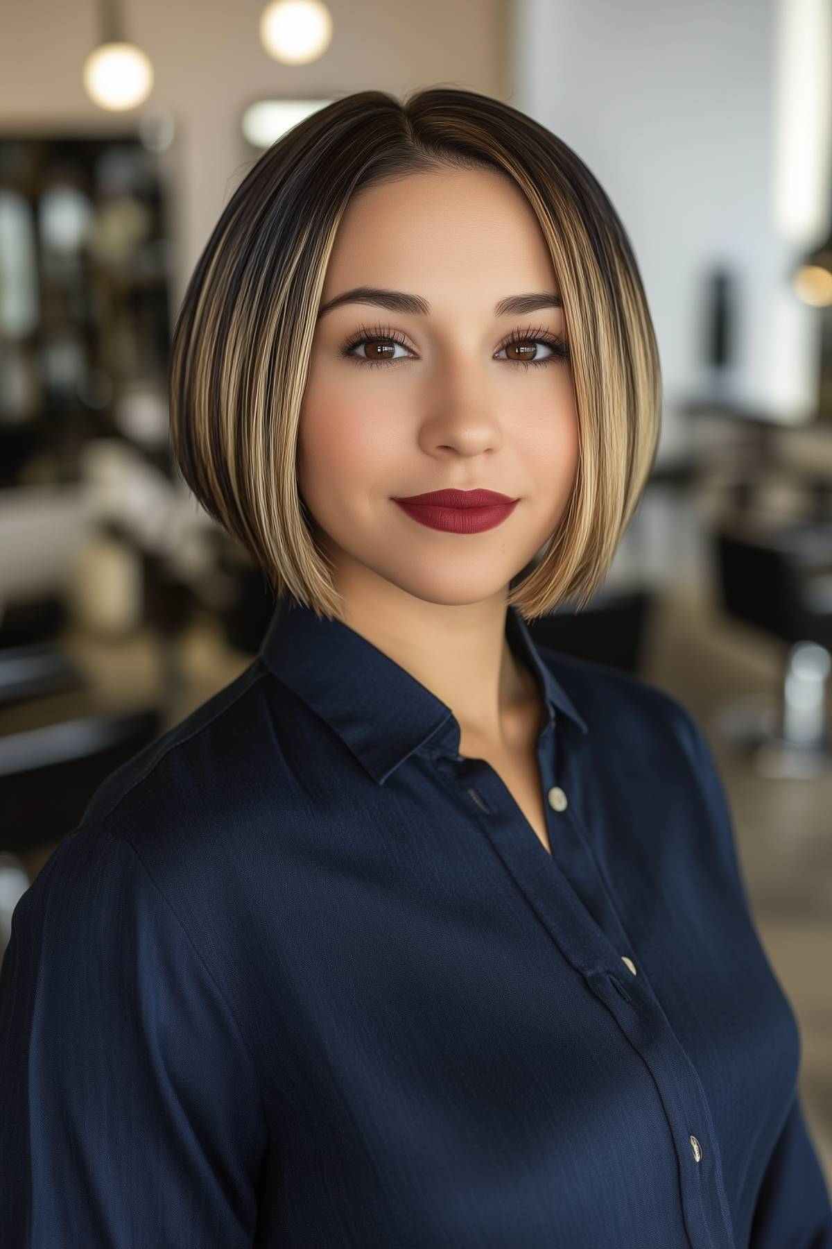 Chin length hair bob with blunt cut and subtle highlights