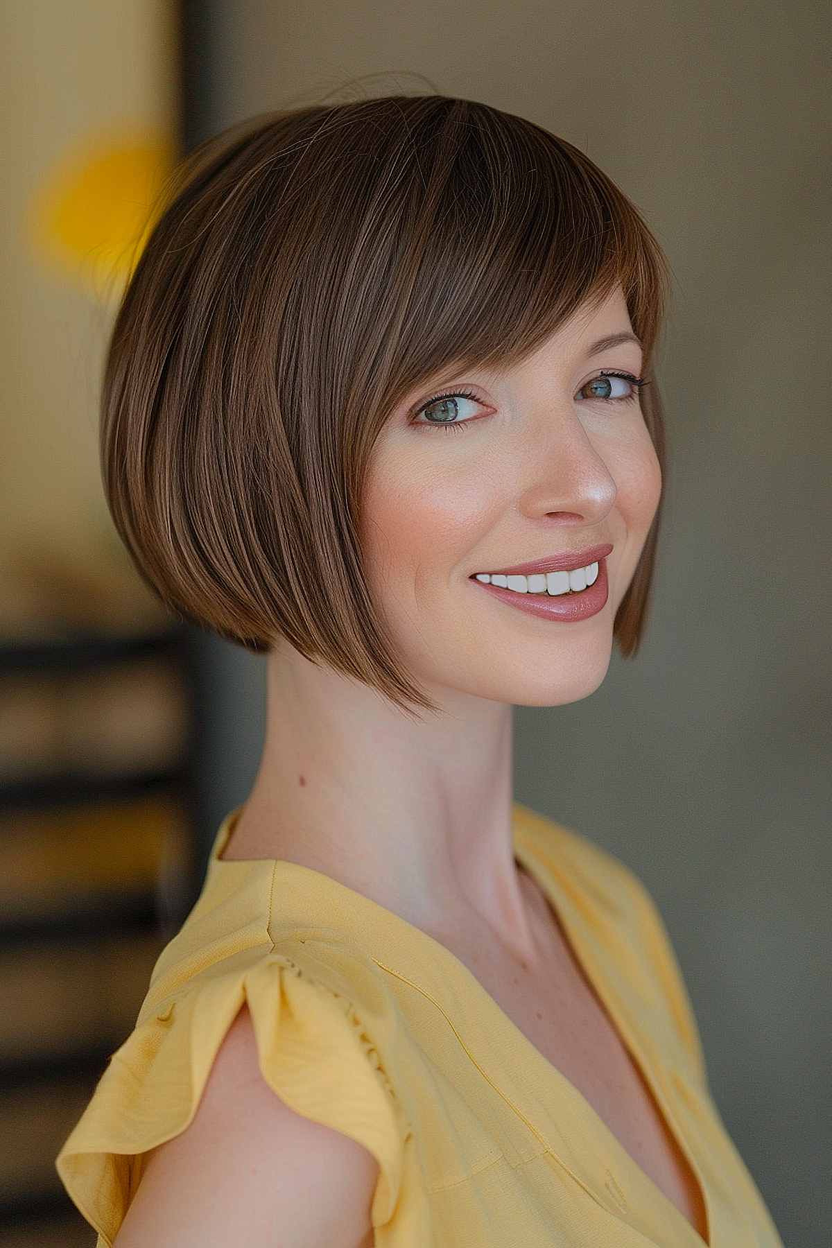 The chin-length bob with soft bangs gives a soft and sophisticated look.