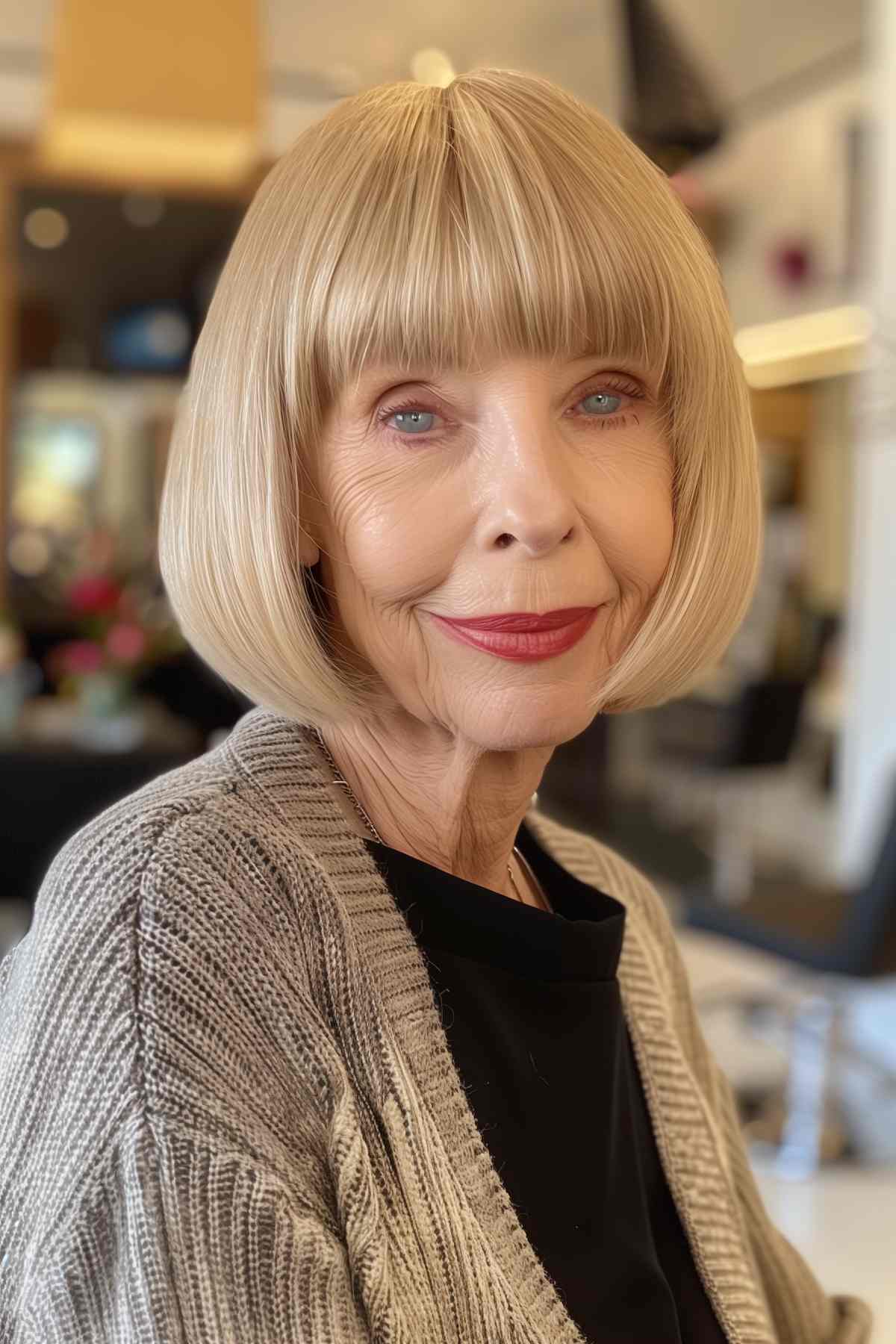 Older woman with a chin-length bob and thick bangs