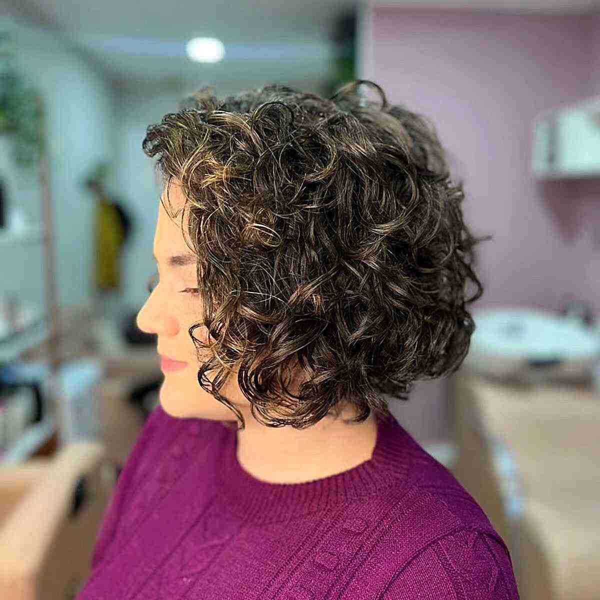 Chin-Length Brunette Layered Bouncy Curly Bob