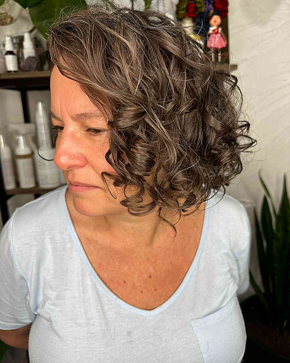 Chin-Length Deep Side Part Bob with Curls for Mature Ladies Over 60