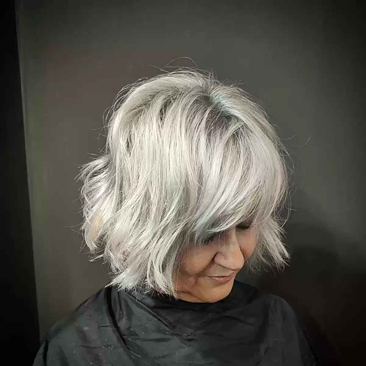 Chin-Length Edgy Textured Short Bob with Fringe for Ladies Over 60